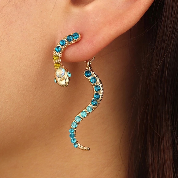 Rhinestone Snake Ear Jacket Gold Serpent Earrings - Picture 6 of 9